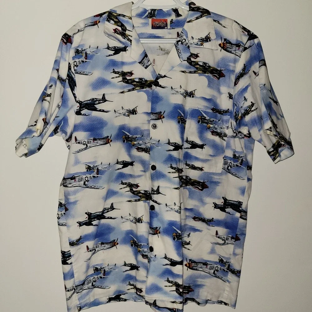Vintage Dem Crazy Short Sleeve Button Up Shirt Men's Size‎ XL Airplanes Pocket